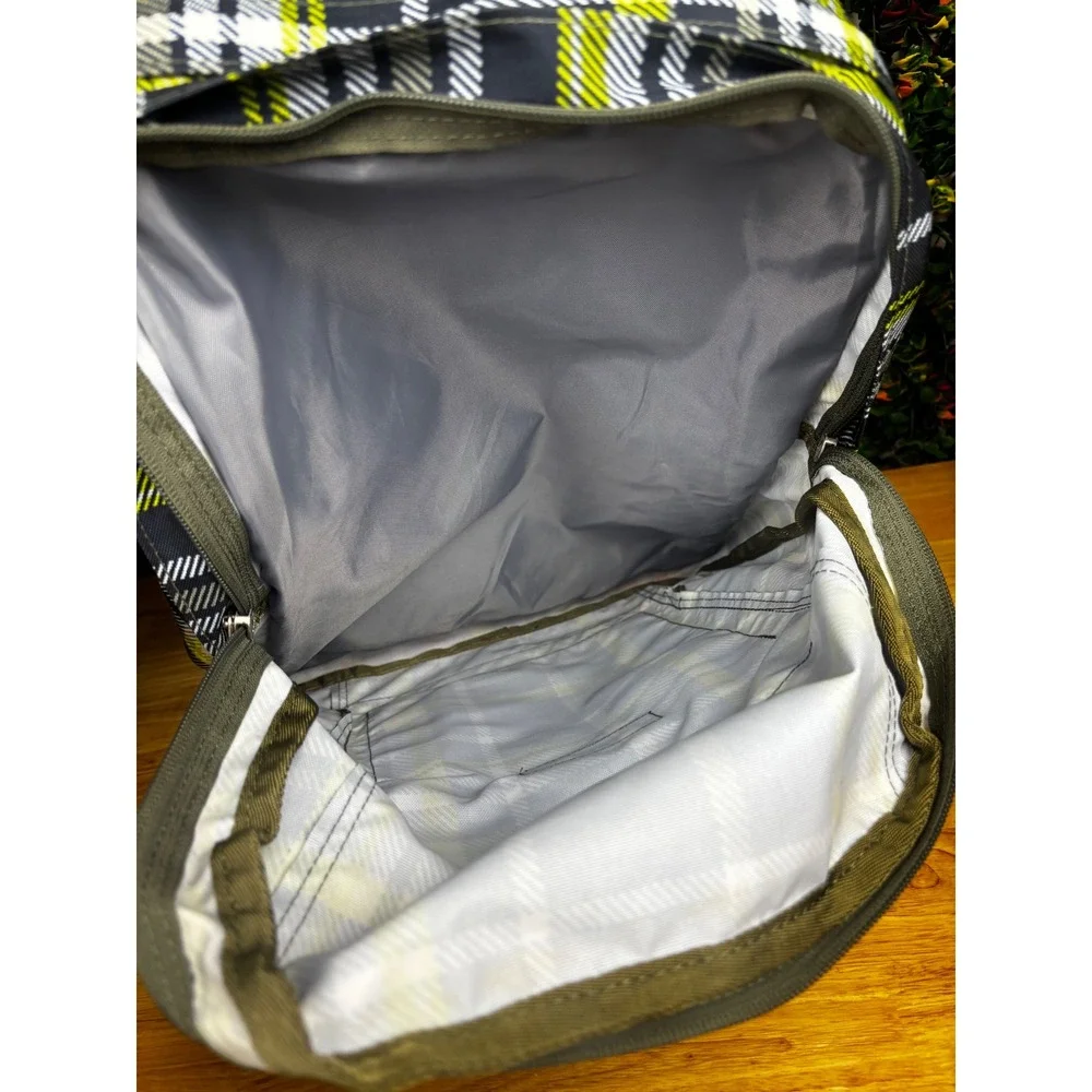 LL Bean Deluxe Book Pack Backpack Lime Green Black Plaid Reflective School Bag